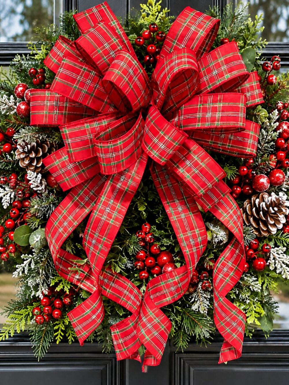 Christmas Tartan Plaid Bow in Red Green White and Gold Plaid Handmade Wreath Bow